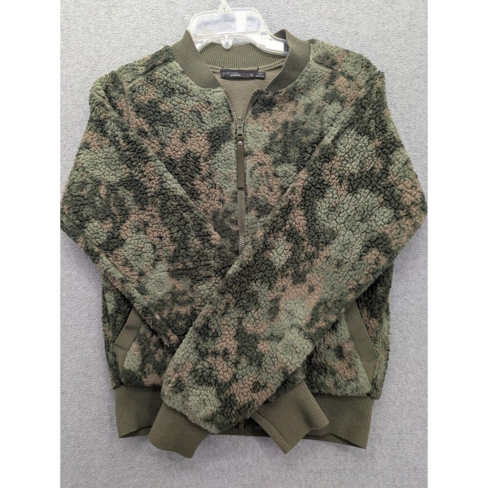 PrAna Jacket Womens Small Green Camo Fleece Bomber Full Zip Pockets Cozy Warm